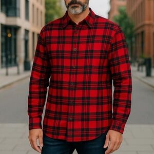 Land's End Men's Sz XL Tall Traditional Fit Red Black Plaid Flannel Button Up